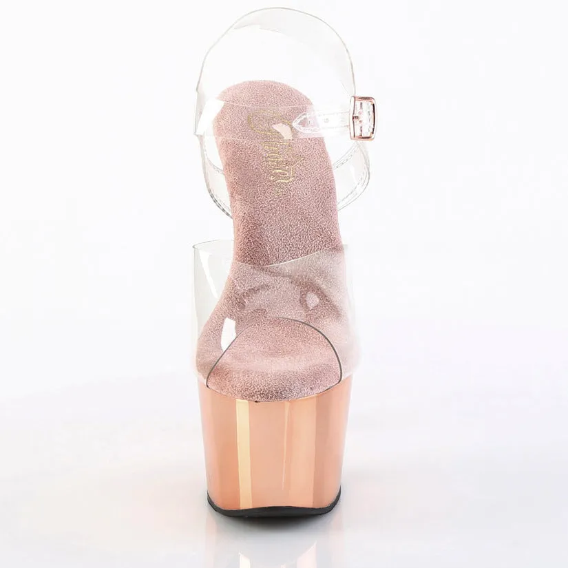 Adore 708 Clear Upper Ankle Strap 7" Heel Rose Gold Chrome Platform Shoes -Direct