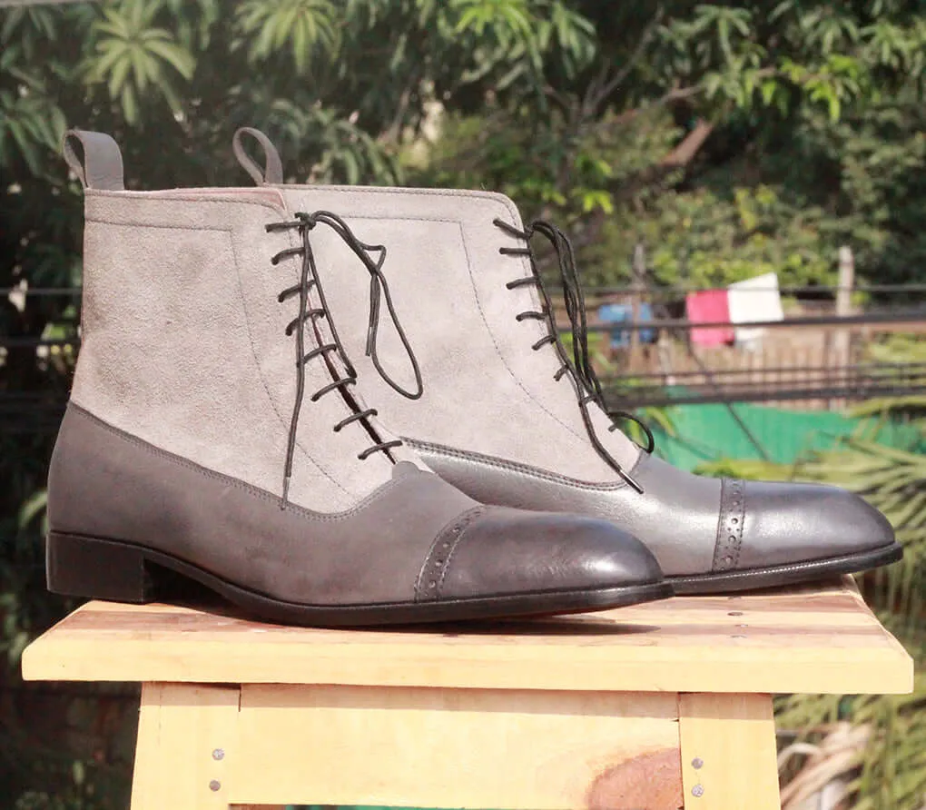 Handmade Men's Gray Cap Toe Leather Suede Boots, Men Ankle Boots, Men Designer Boots