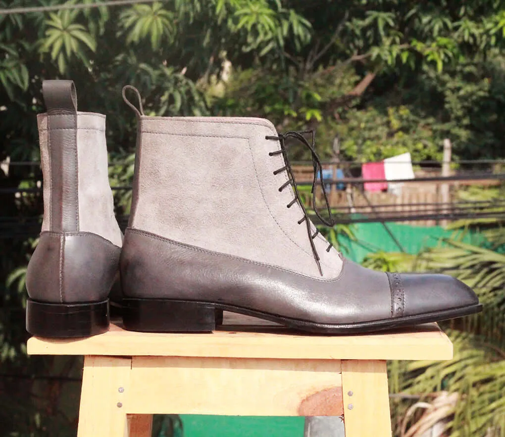 Handmade Men's Gray Cap Toe Leather Suede Boots, Men Ankle Boots, Men Designer Boots