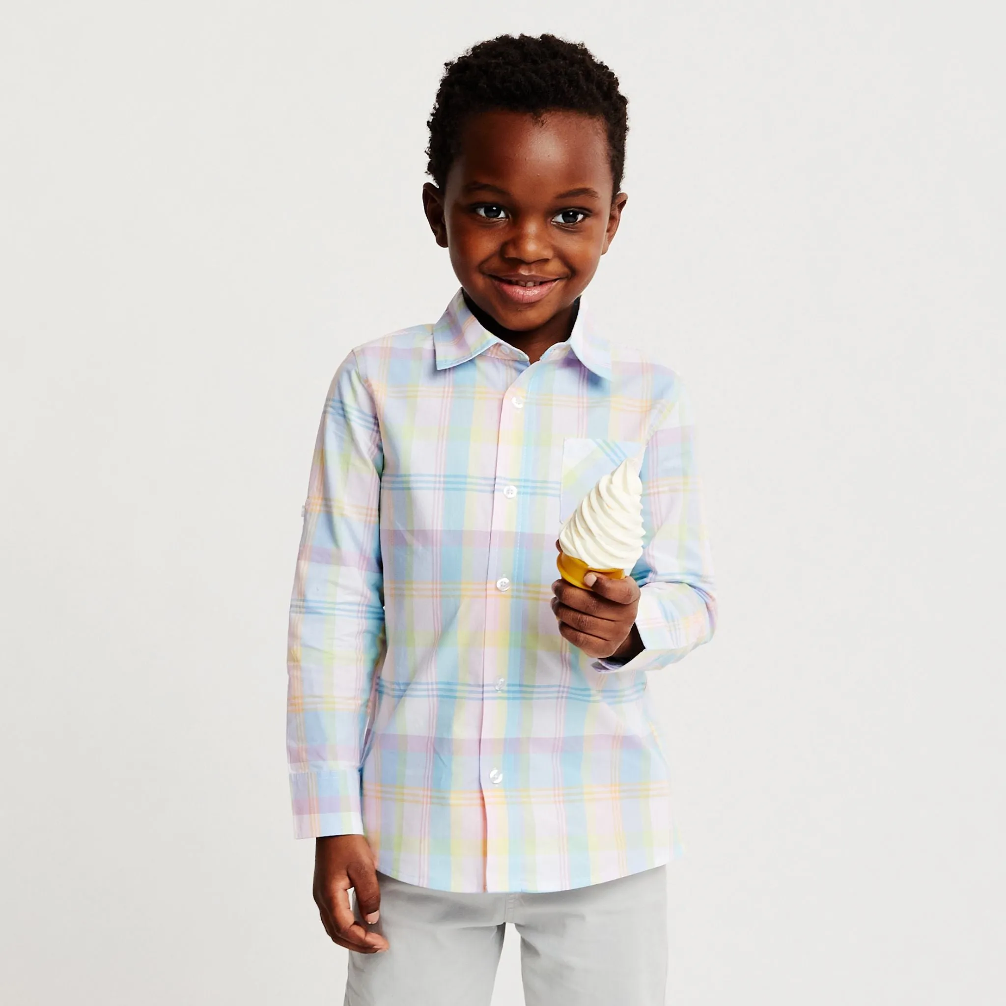 Kids White Plaid Pastel Buttondown Shirt