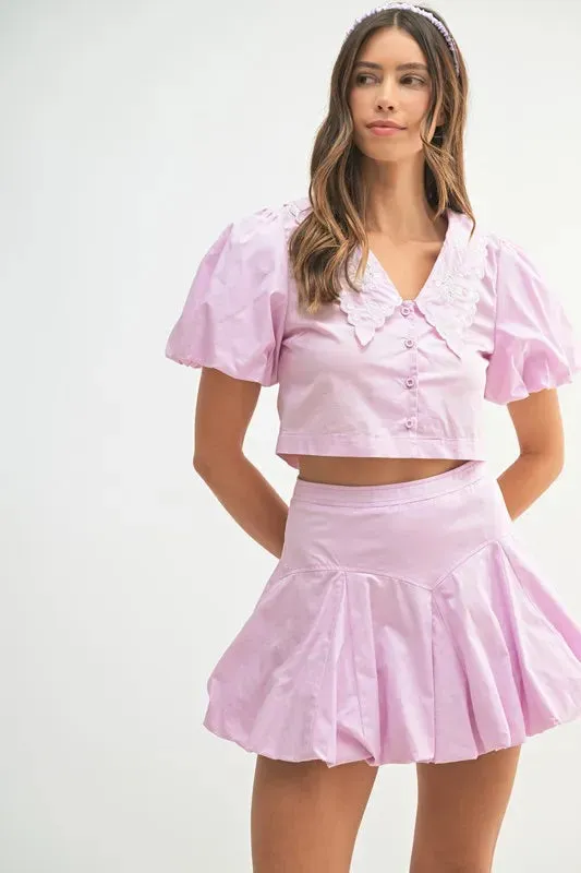 Lavender Puff Sleeve Crop Top & Pleated Bubble Skirt Two-Piece Set