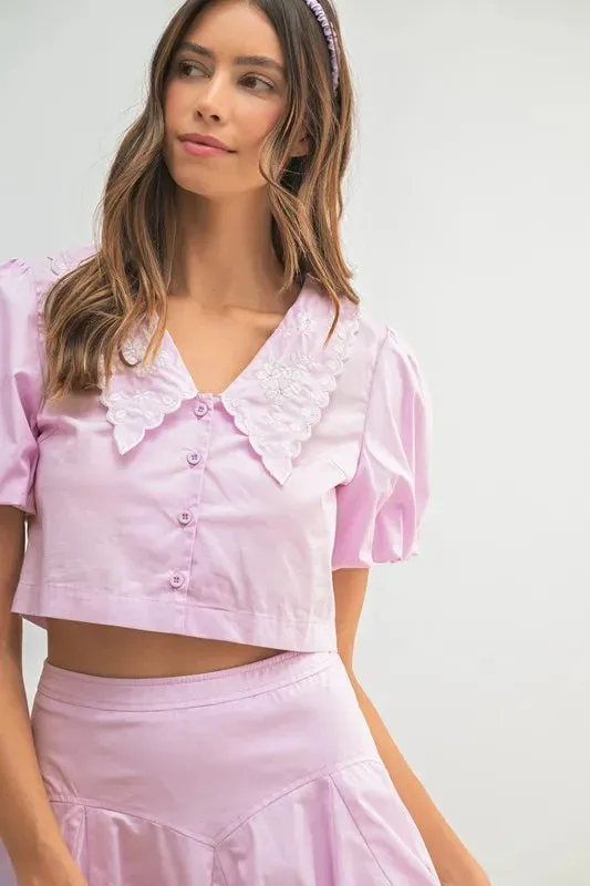 Lavender Puff Sleeve Crop Top & Pleated Bubble Skirt Two-Piece Set