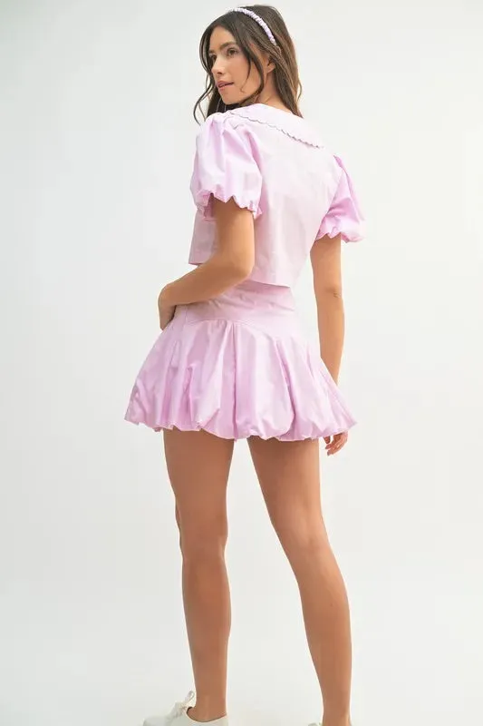 Lavender Puff Sleeve Crop Top & Pleated Bubble Skirt Two-Piece Set