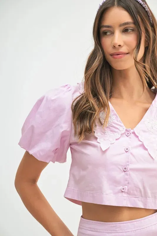 Lavender Puff Sleeve Crop Top & Pleated Bubble Skirt Two-Piece Set