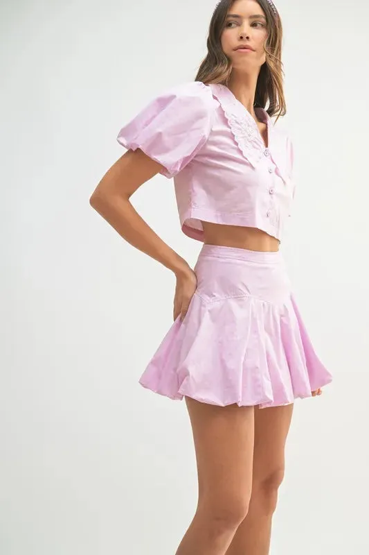 Lavender Puff Sleeve Crop Top & Pleated Bubble Skirt Two-Piece Set