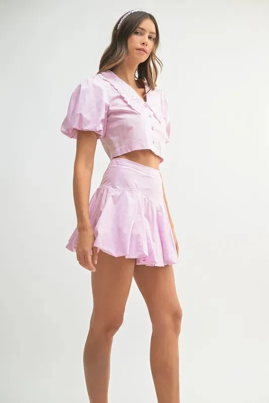 Lavender Puff Sleeve Crop Top & Pleated Bubble Skirt Two-Piece Set
