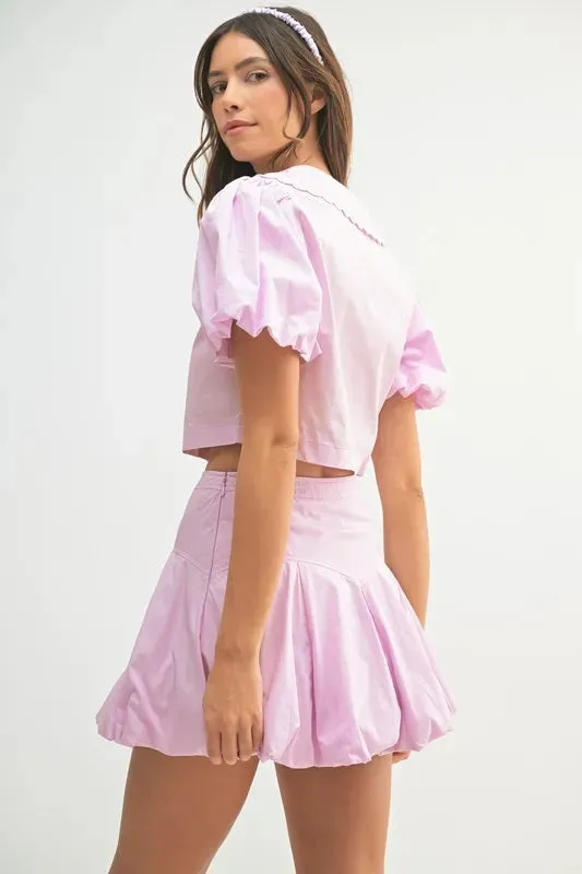 Lavender Puff Sleeve Crop Top & Pleated Bubble Skirt Two-Piece Set